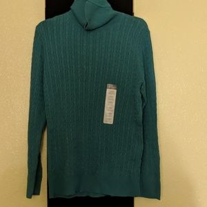 Turquoise cable knit turtleneck sweater
